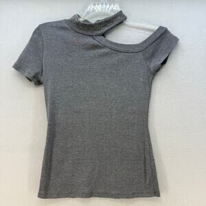 Vocal Top Women's S Grey Rhinestones Studded Asymmetric Collar Cold Shoulder EUC